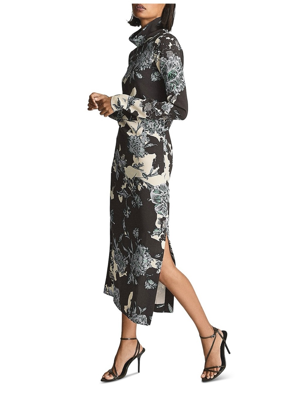Reiss Black Floral Turtleneck Midi Dress with Cream and Green Accents
